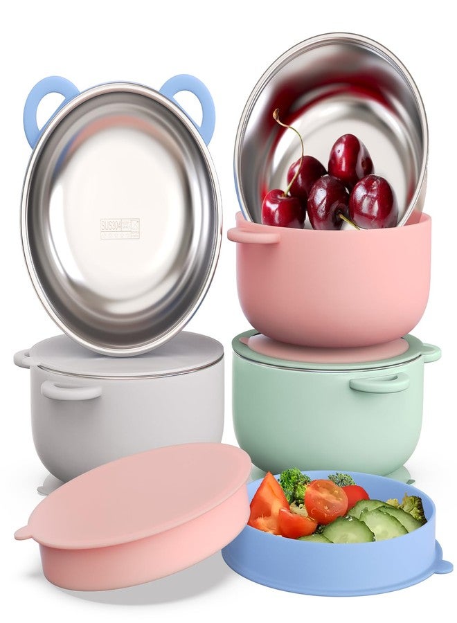 Bakpoco Baby Suction Bowls with Lids 4-Pack, 2-in-1 Stainless Steel 304 Toddler Bowl & Removable Silicone Suction Kids Bowl Plate Set Non Toxic Snack Dishes for Self-Feeding, Ocean Explorer Set - Image 1